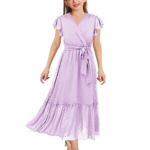 New Wiffgo Girls Size 12 Lavender Short Sleeve V Neck Belt Midi Bohemian Dress